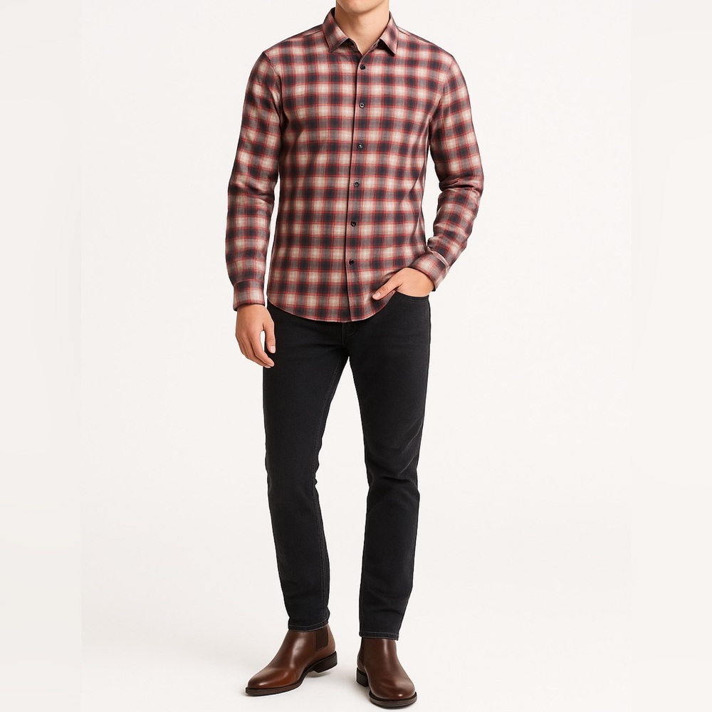 CALIBRATE Slim Fit Plaid Shirt | XXL | Red Gray Check | Non-Iron Cotton Classic